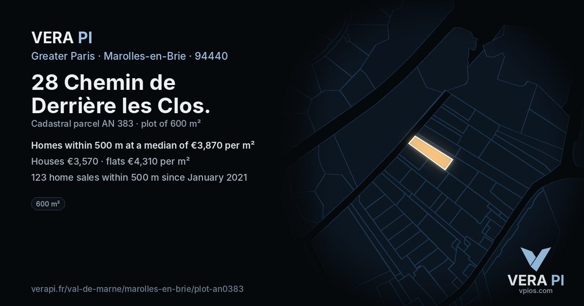28 Chemin de Derrière les Clos, Marolles-en-Brie at night – the plot lit, the parcels around coloured by the prices near them