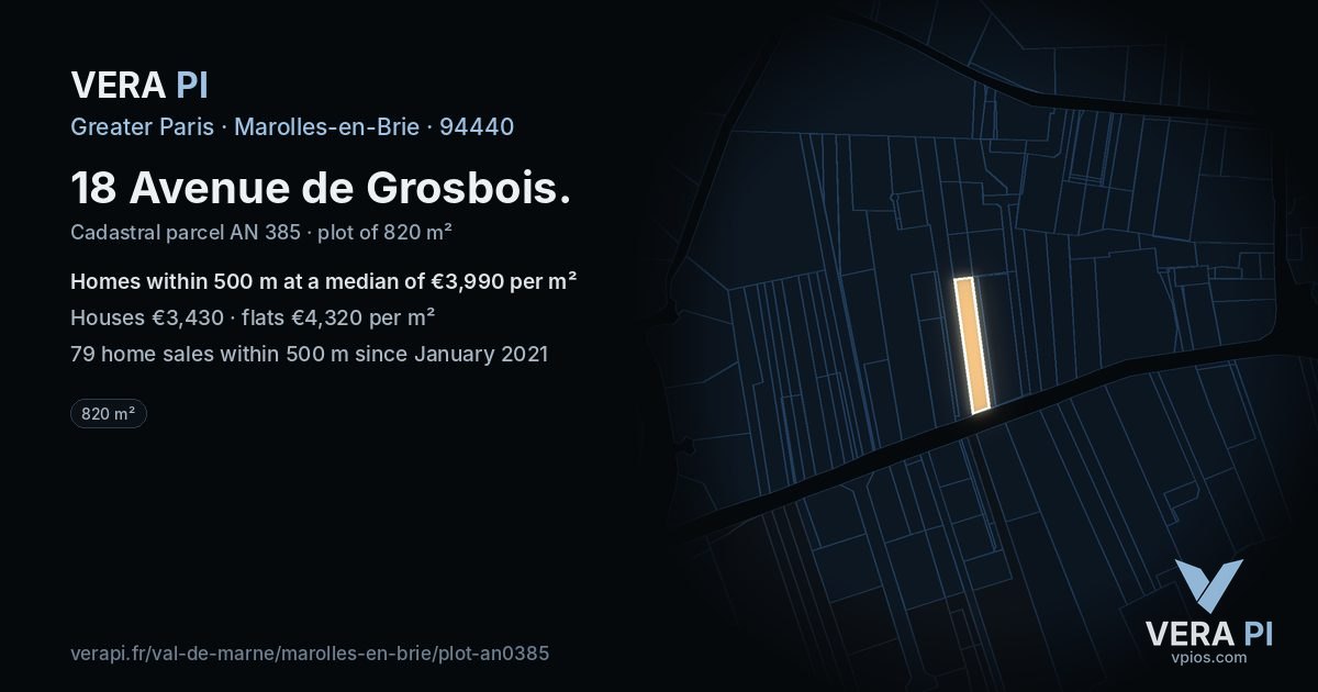 18 Avenue de Grosbois, Marolles-en-Brie at night – the plot lit, the parcels around coloured by the prices near them