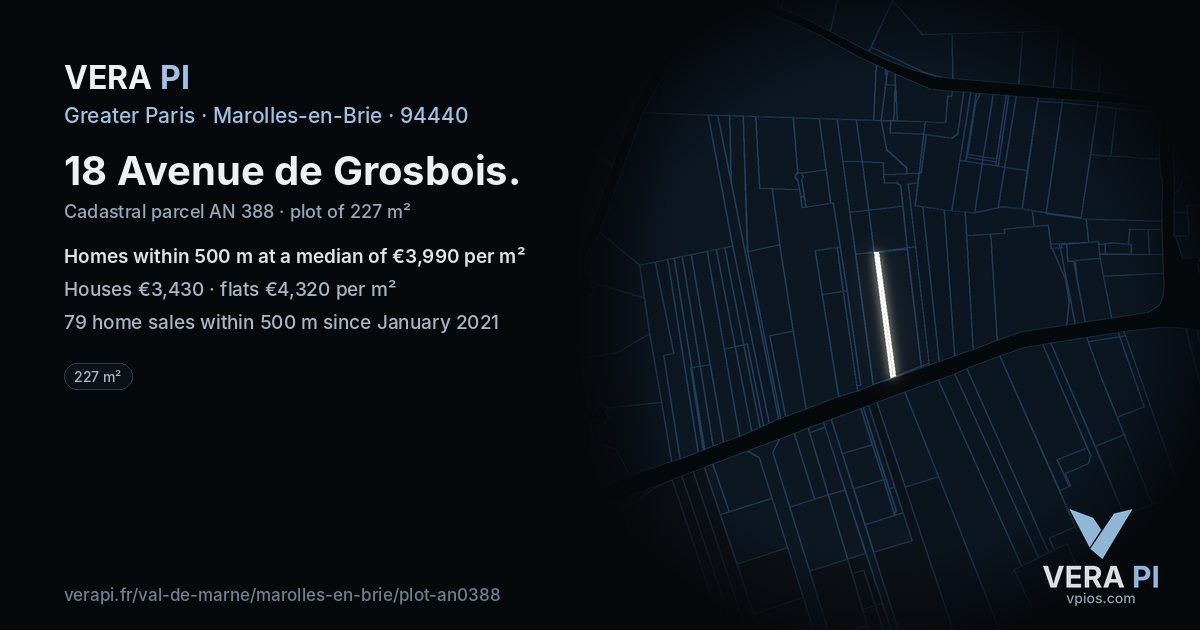 18 Avenue de Grosbois, Marolles-en-Brie at night – the plot lit, the parcels around coloured by the prices near them