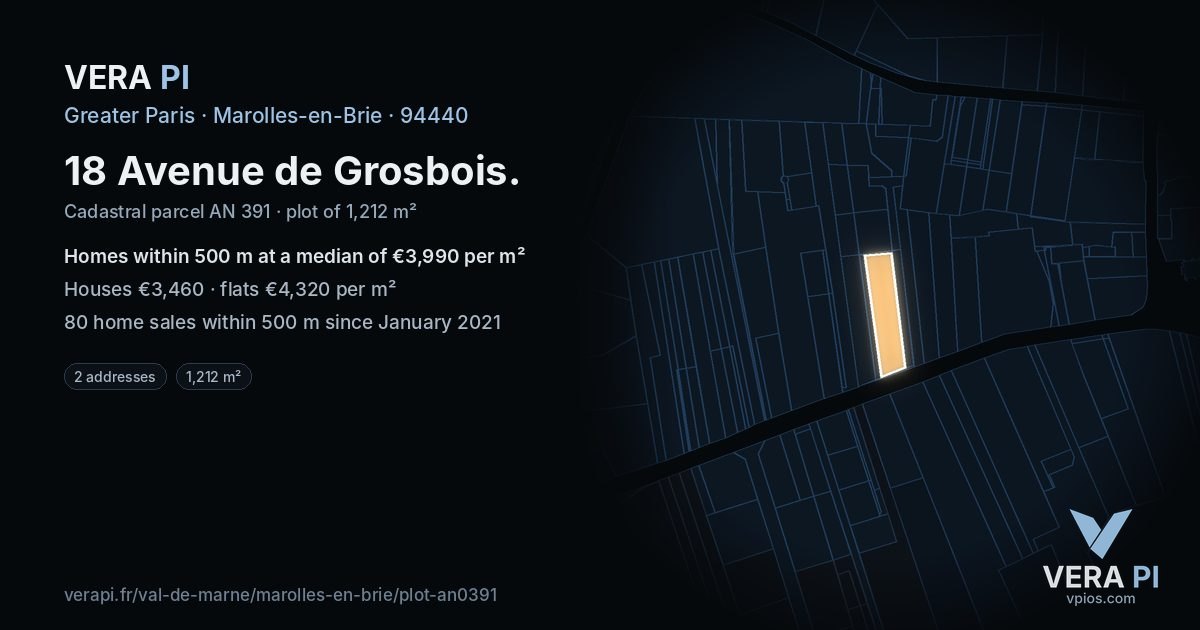18 Avenue de Grosbois, Marolles-en-Brie at night – the plot lit, the parcels around coloured by the prices near them