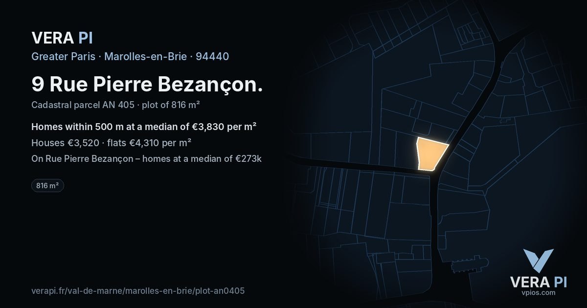 9 Rue Pierre Bezançon, Marolles-en-Brie at night – the plot lit, the parcels around coloured by the prices near them