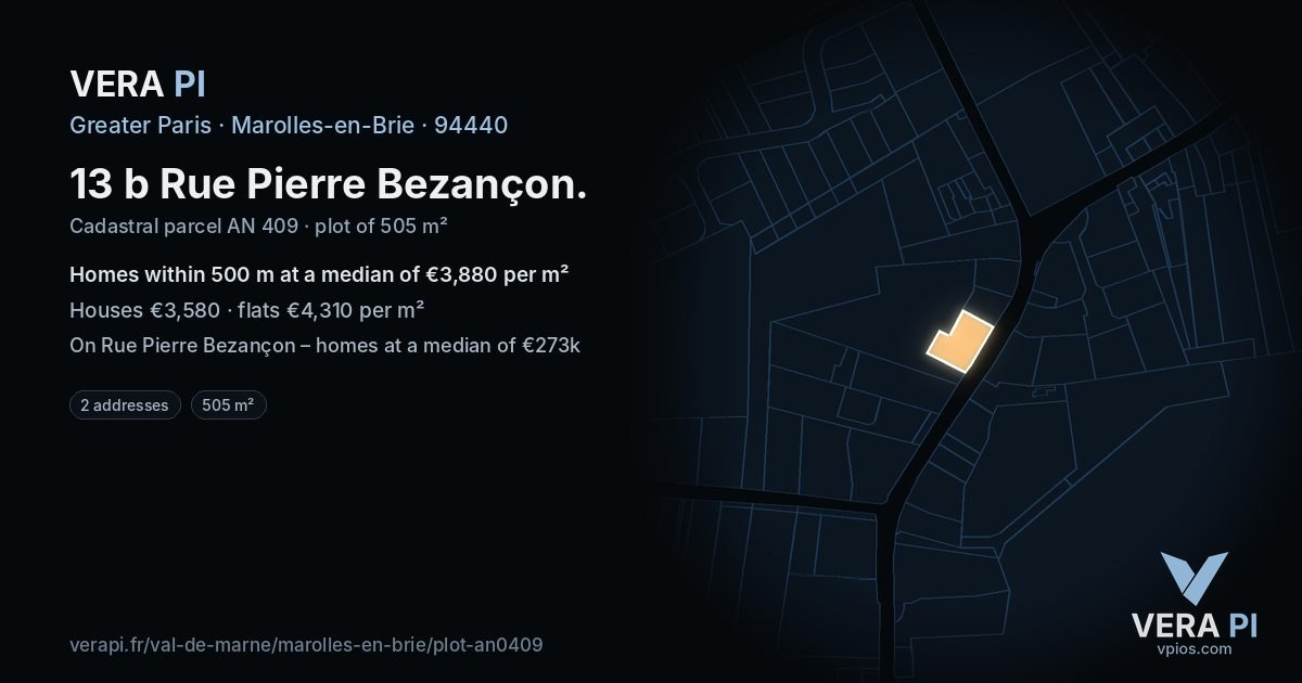 13 b Rue Pierre Bezançon, Marolles-en-Brie at night – the plot lit, the parcels around coloured by the prices near them
