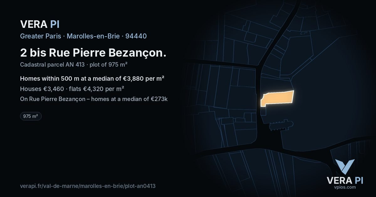 2 bis Rue Pierre Bezançon, Marolles-en-Brie at night – the plot lit, the parcels around coloured by the prices near them