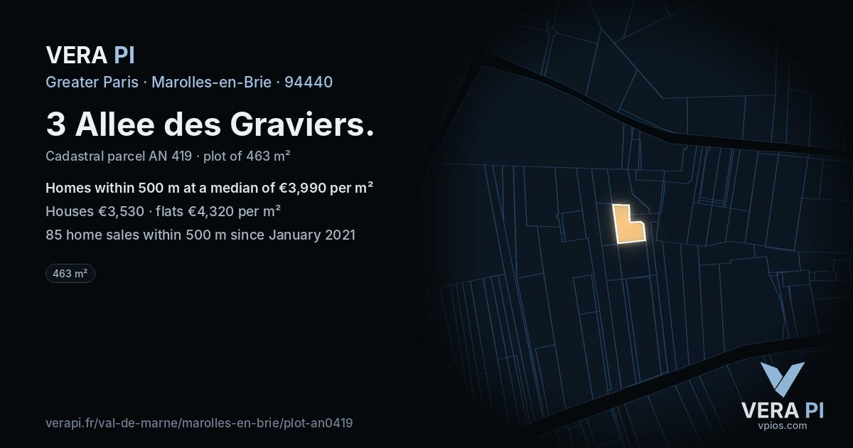 3 Allee des Graviers, Marolles-en-Brie at night – the plot lit, the parcels around coloured by the prices near them