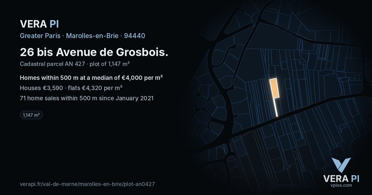 26 bis Avenue de Grosbois, Marolles-en-Brie at night – the plot lit, the parcels around coloured by the prices near them