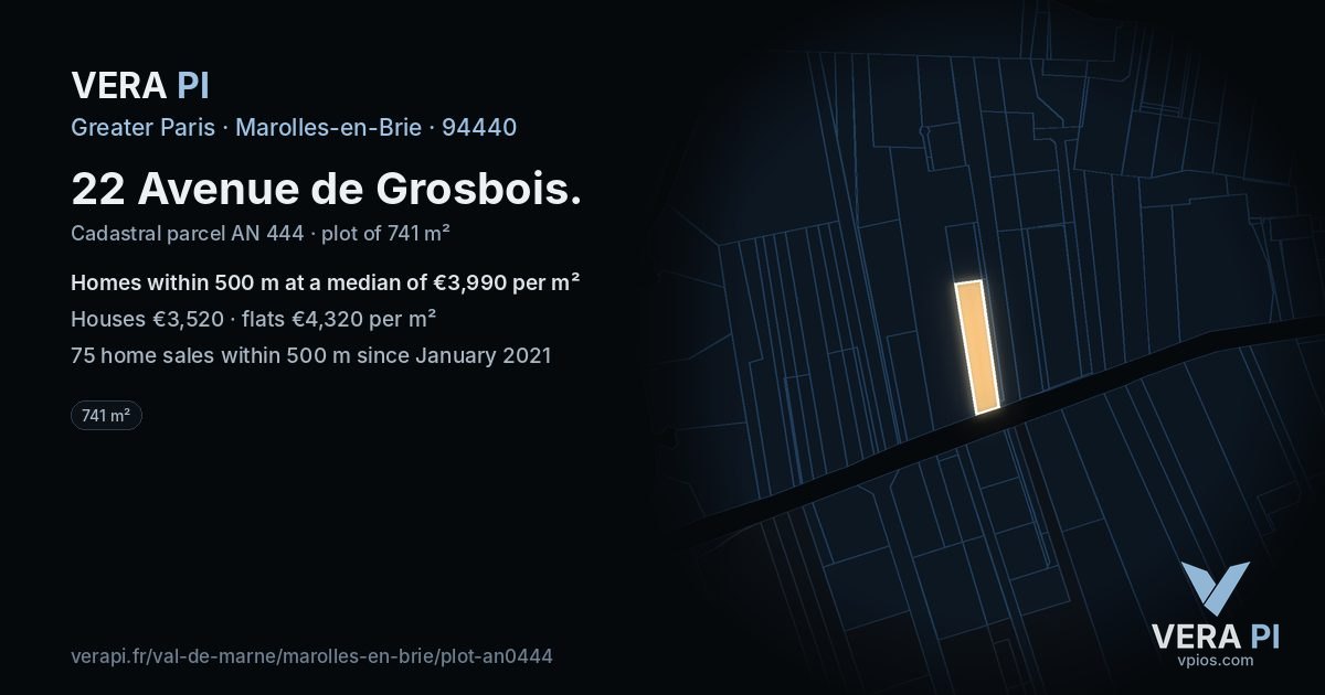 22 Avenue de Grosbois, Marolles-en-Brie at night – the plot lit, the parcels around coloured by the prices near them