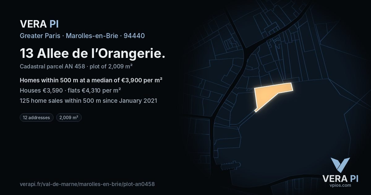 13 Allee de l’Orangerie, Marolles-en-Brie at night – the plot lit, the parcels around coloured by the prices near them