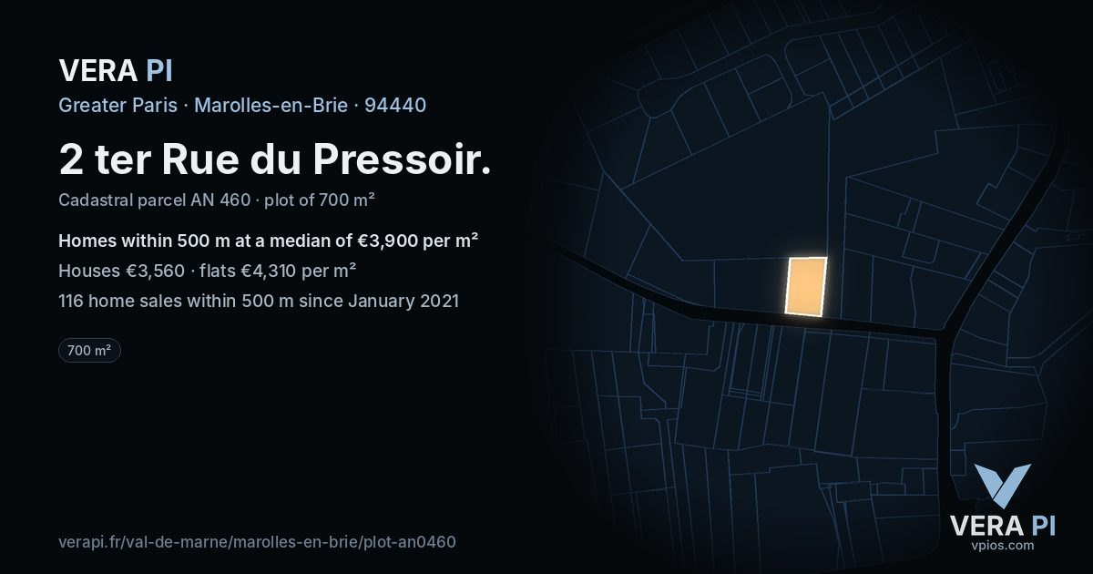 2 ter Rue du Pressoir, Marolles-en-Brie at night – the plot lit, the parcels around coloured by the prices near them