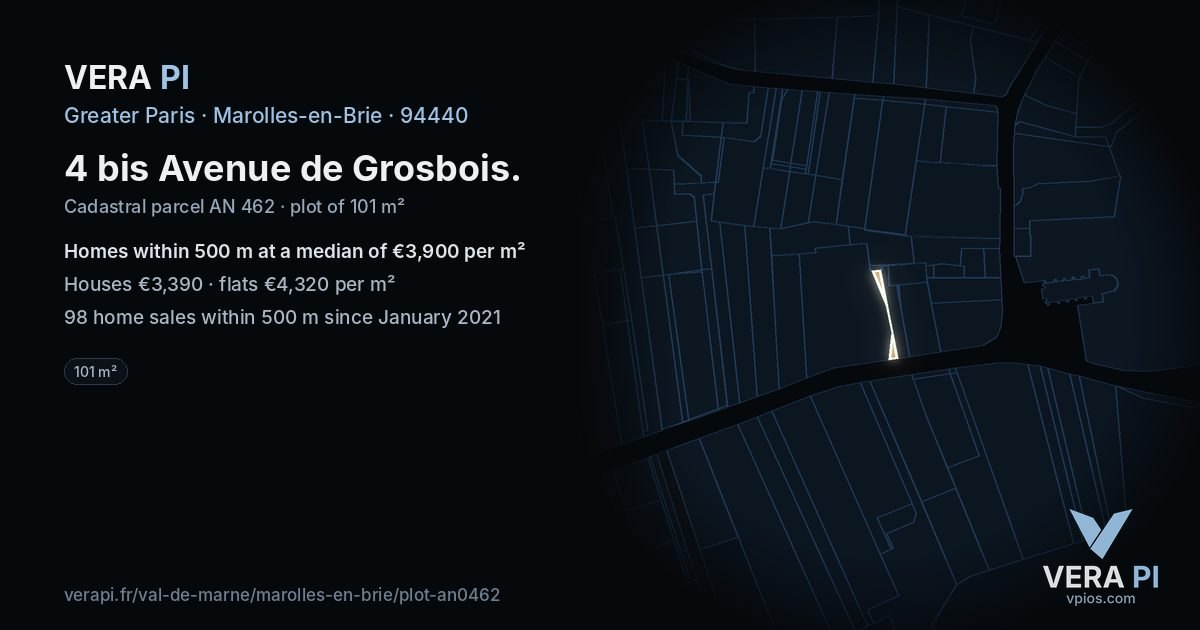 4 bis Avenue de Grosbois, Marolles-en-Brie at night – the plot lit, the parcels around coloured by the prices near them