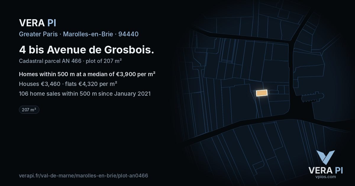 4 bis Avenue de Grosbois, Marolles-en-Brie at night – the plot lit, the parcels around coloured by the prices near them