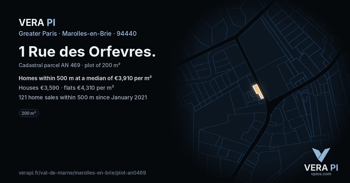 1 Rue des Orfevres, Marolles-en-Brie at night – the plot lit, the parcels around coloured by the prices near them