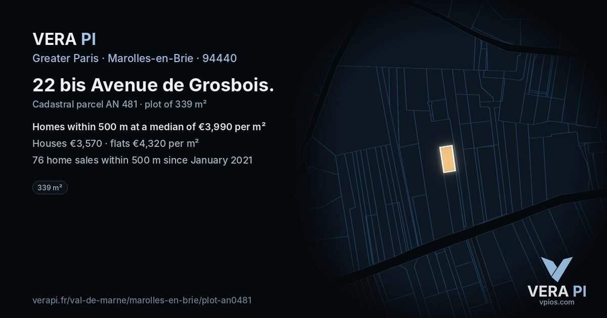 22 bis Avenue de Grosbois, Marolles-en-Brie at night – the plot lit, the parcels around coloured by the prices near them