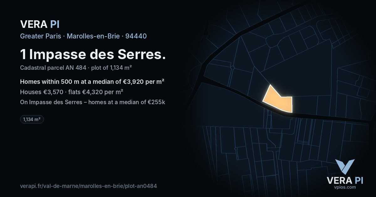 1 Impasse des Serres, Marolles-en-Brie at night – the plot lit, the parcels around coloured by the prices near them