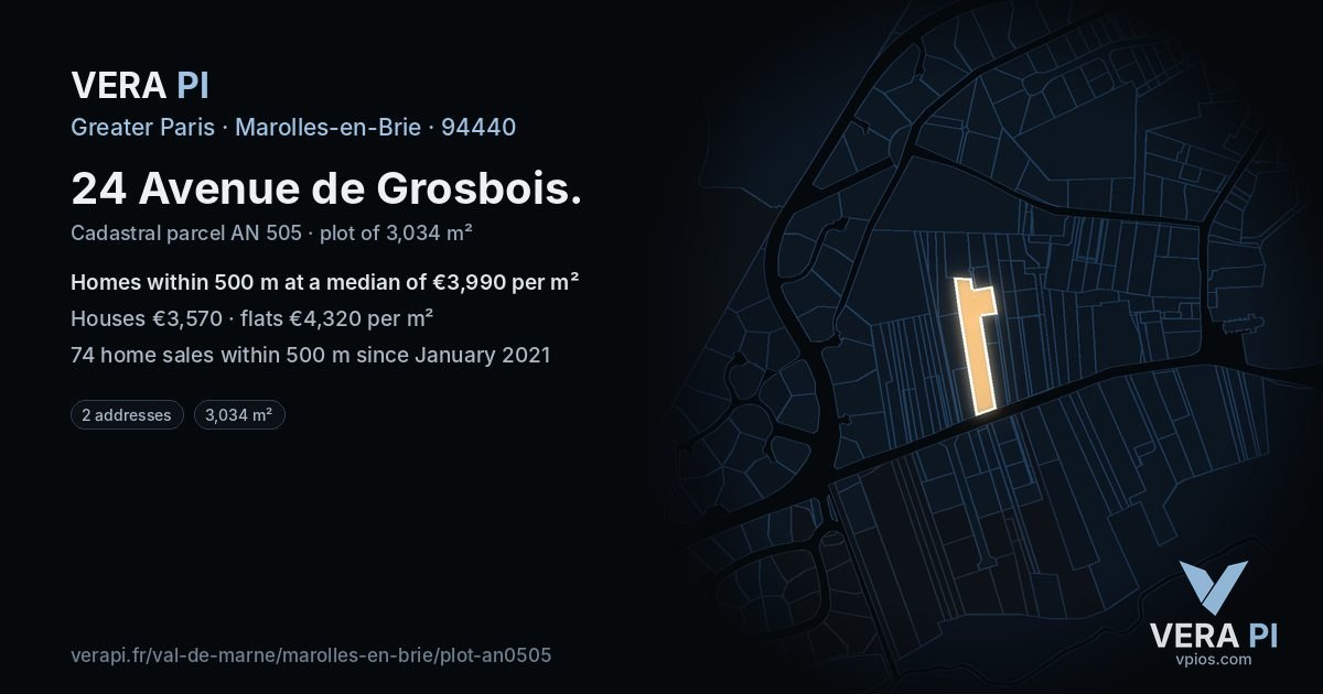 24 Avenue de Grosbois, Marolles-en-Brie at night – the plot lit, the parcels around coloured by the prices near them
