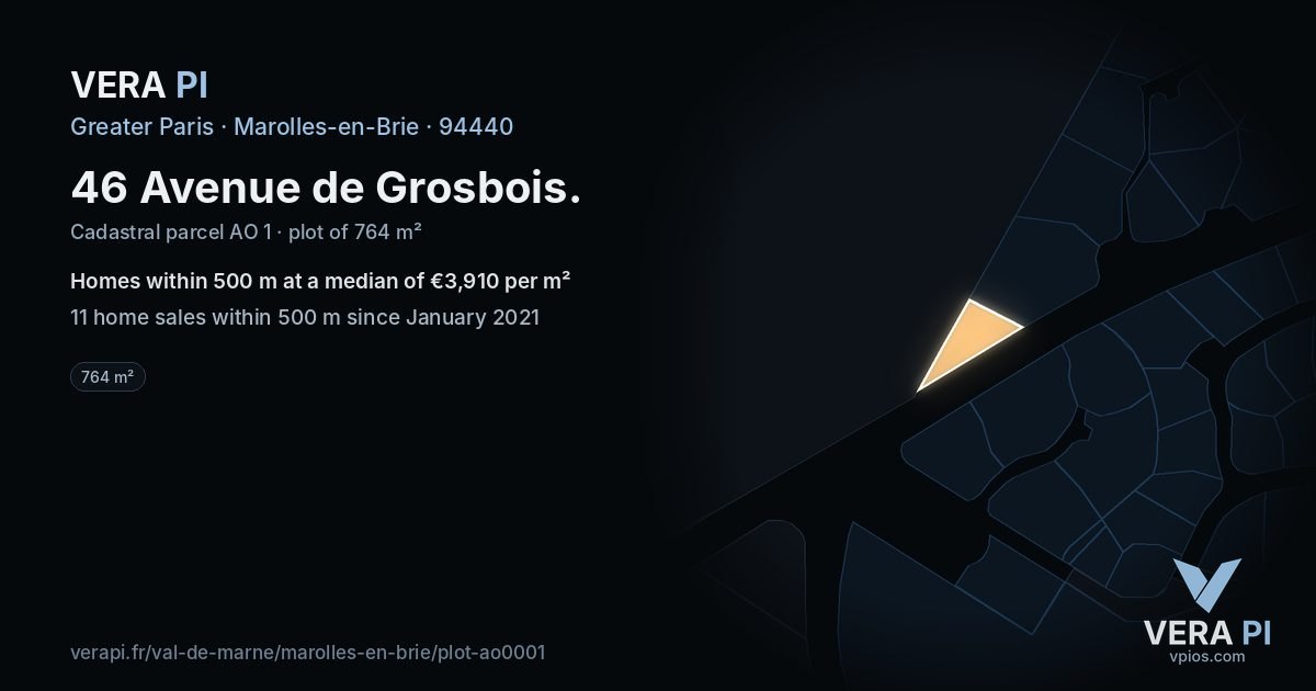 46 Avenue de Grosbois, Marolles-en-Brie at night – the plot lit, the parcels around coloured by the prices near them
