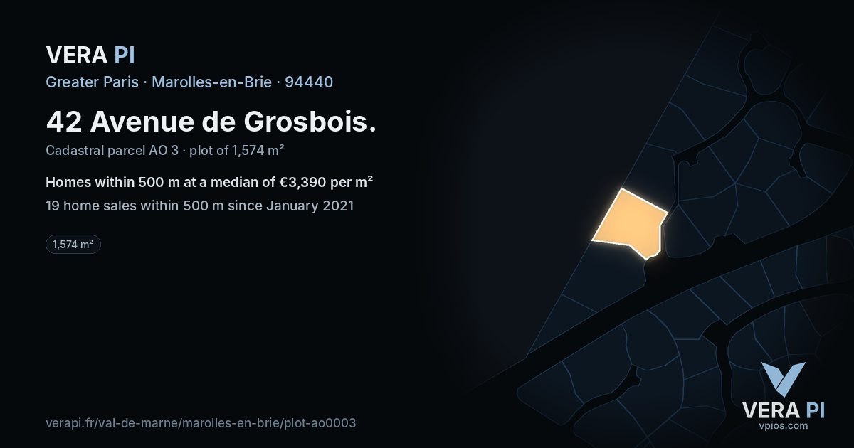 42 Avenue de Grosbois, Marolles-en-Brie at night – the plot lit, the parcels around coloured by the prices near them