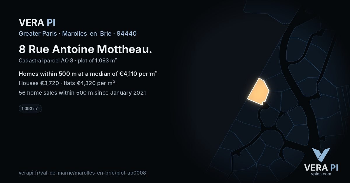 8 Rue Antoine Mottheau, Marolles-en-Brie at night – the plot lit, the parcels around coloured by the prices near them