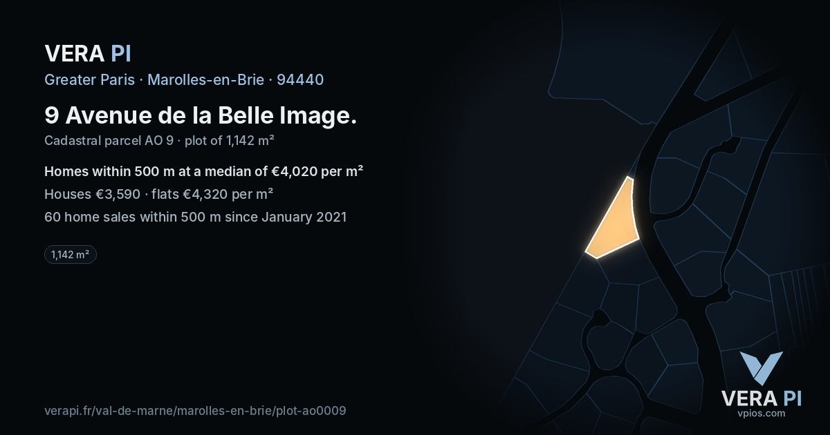 9 Avenue de la Belle Image, Marolles-en-Brie at night – the plot lit, the parcels around coloured by the prices near them