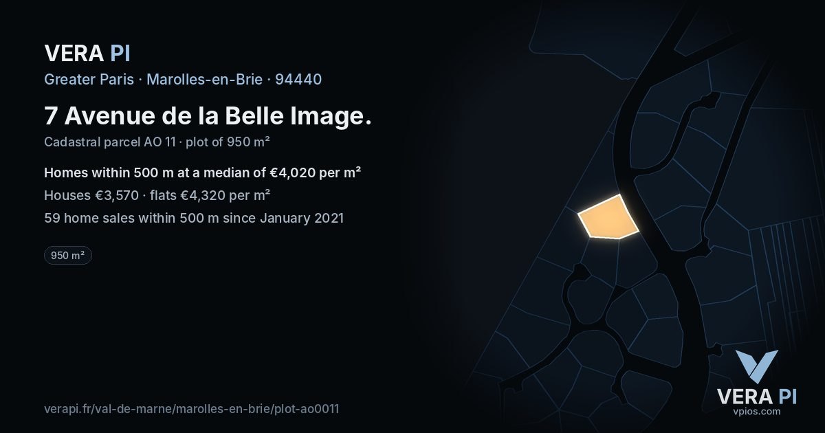 7 Avenue de la Belle Image, Marolles-en-Brie at night – the plot lit, the parcels around coloured by the prices near them