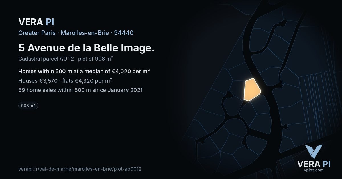 5 Avenue de la Belle Image, Marolles-en-Brie at night – the plot lit, the parcels around coloured by the prices near them