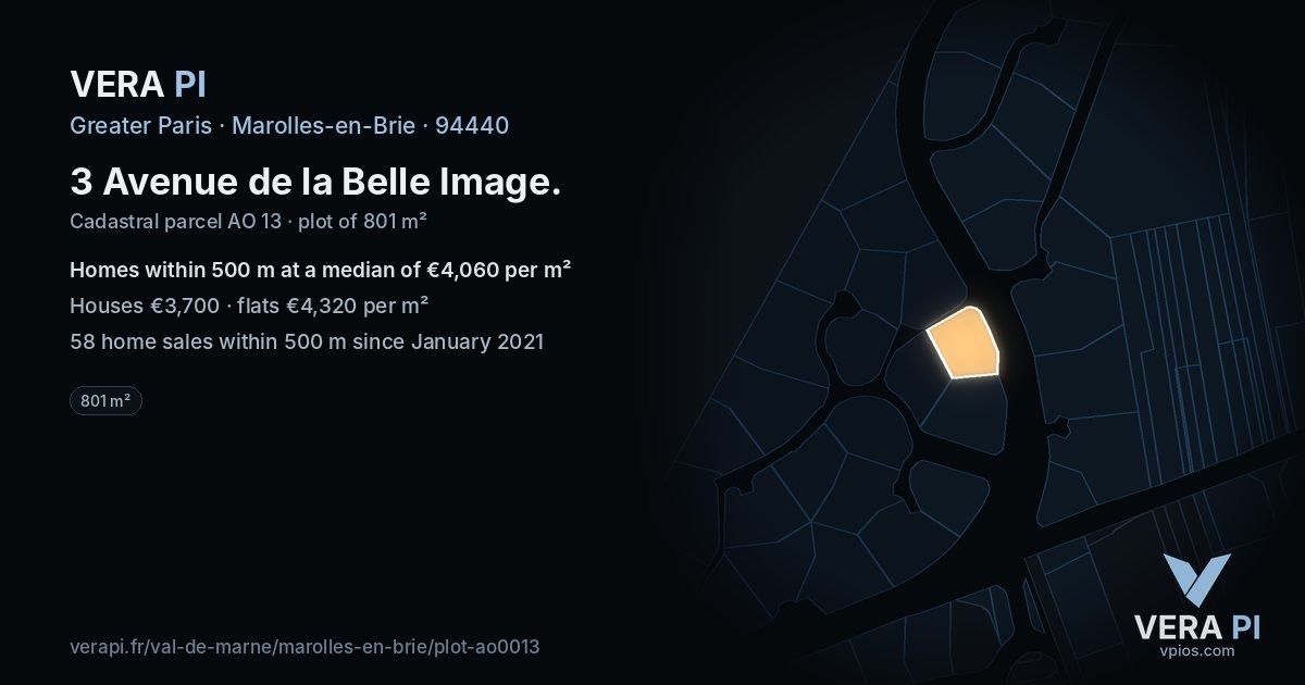 3 Avenue de la Belle Image, Marolles-en-Brie at night – the plot lit, the parcels around coloured by the prices near them