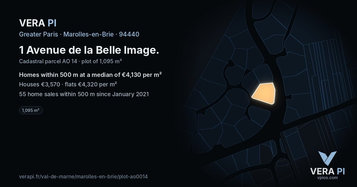 1 Avenue de la Belle Image, Marolles-en-Brie at night – the plot lit, the parcels around coloured by the prices near them