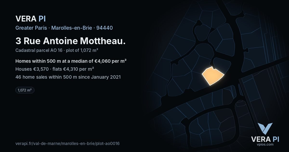 3 Rue Antoine Mottheau, Marolles-en-Brie at night – the plot lit, the parcels around coloured by the prices near them