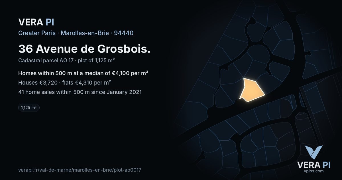 36 Avenue de Grosbois, Marolles-en-Brie at night – the plot lit, the parcels around coloured by the prices near them