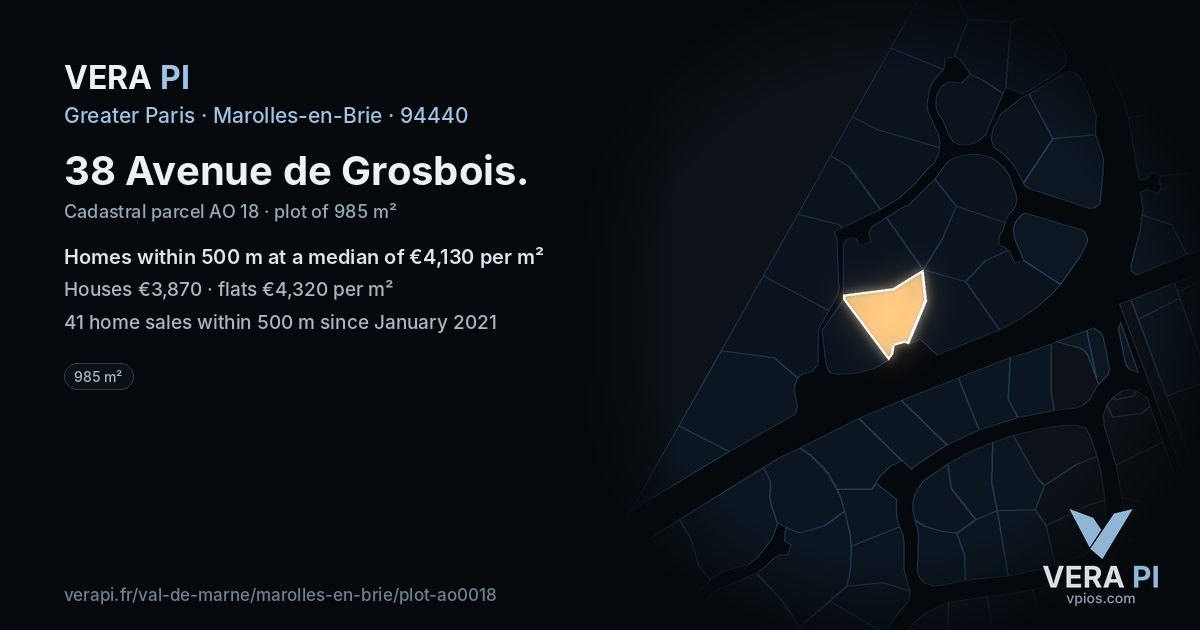 38 Avenue de Grosbois, Marolles-en-Brie at night – the plot lit, the parcels around coloured by the prices near them