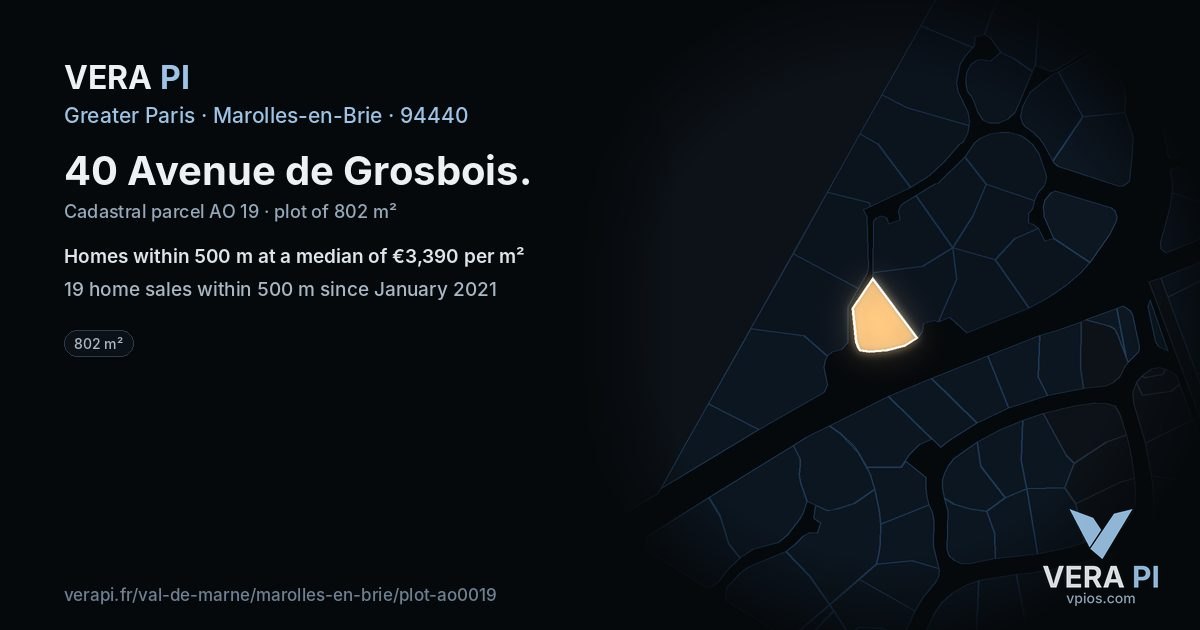 40 Avenue de Grosbois, Marolles-en-Brie at night – the plot lit, the parcels around coloured by the prices near them