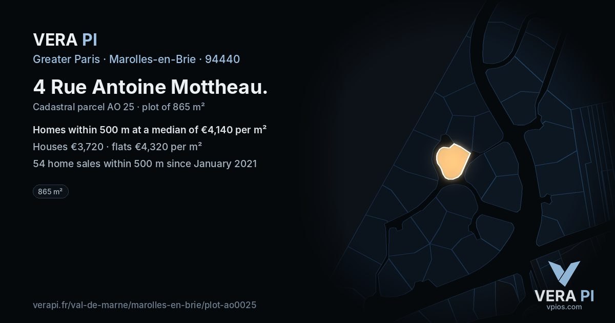 4 Rue Antoine Mottheau, Marolles-en-Brie at night – the plot lit, the parcels around coloured by the prices near them