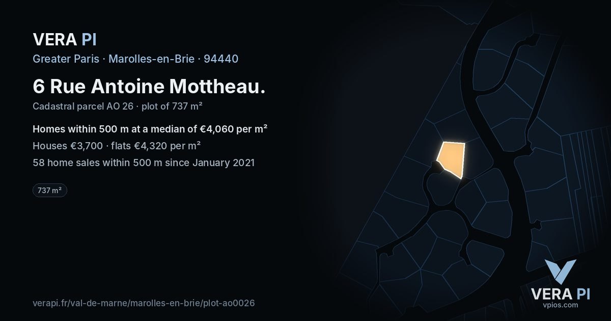 6 Rue Antoine Mottheau, Marolles-en-Brie at night – the plot lit, the parcels around coloured by the prices near them