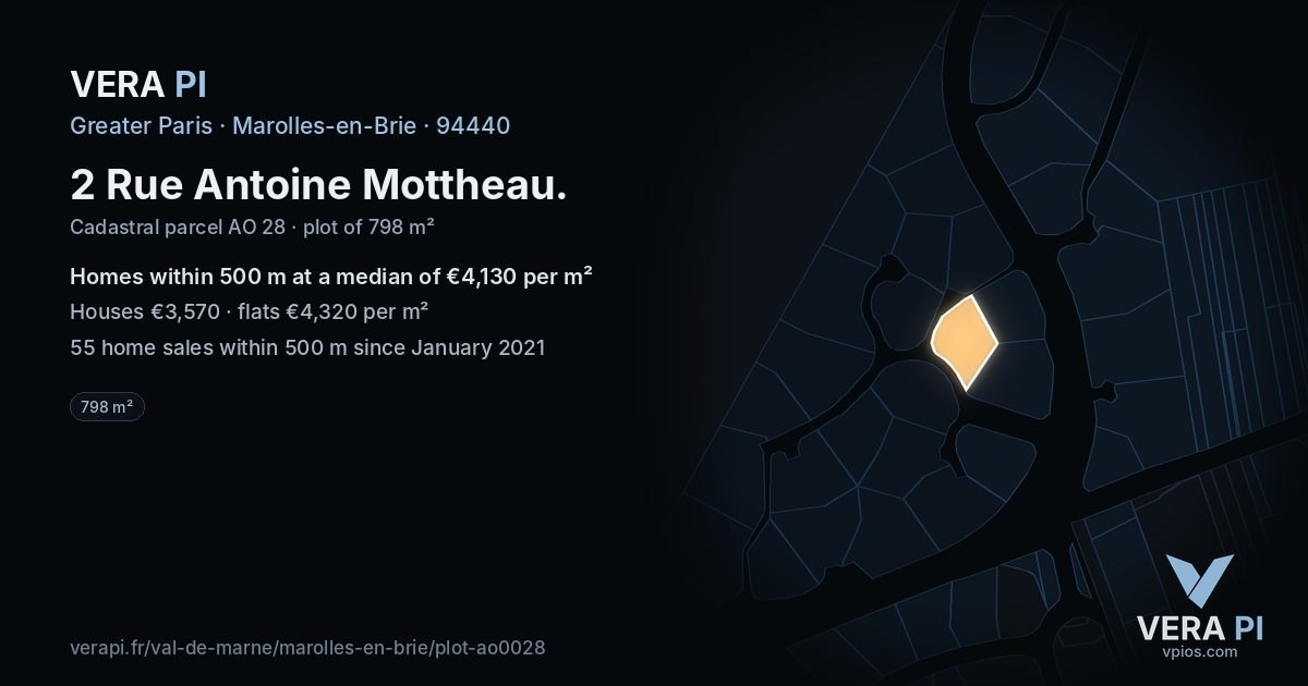 2 Rue Antoine Mottheau, Marolles-en-Brie at night – the plot lit, the parcels around coloured by the prices near them