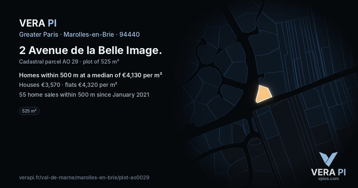 2 Avenue de la Belle Image, Marolles-en-Brie at night – the plot lit, the parcels around coloured by the prices near them
