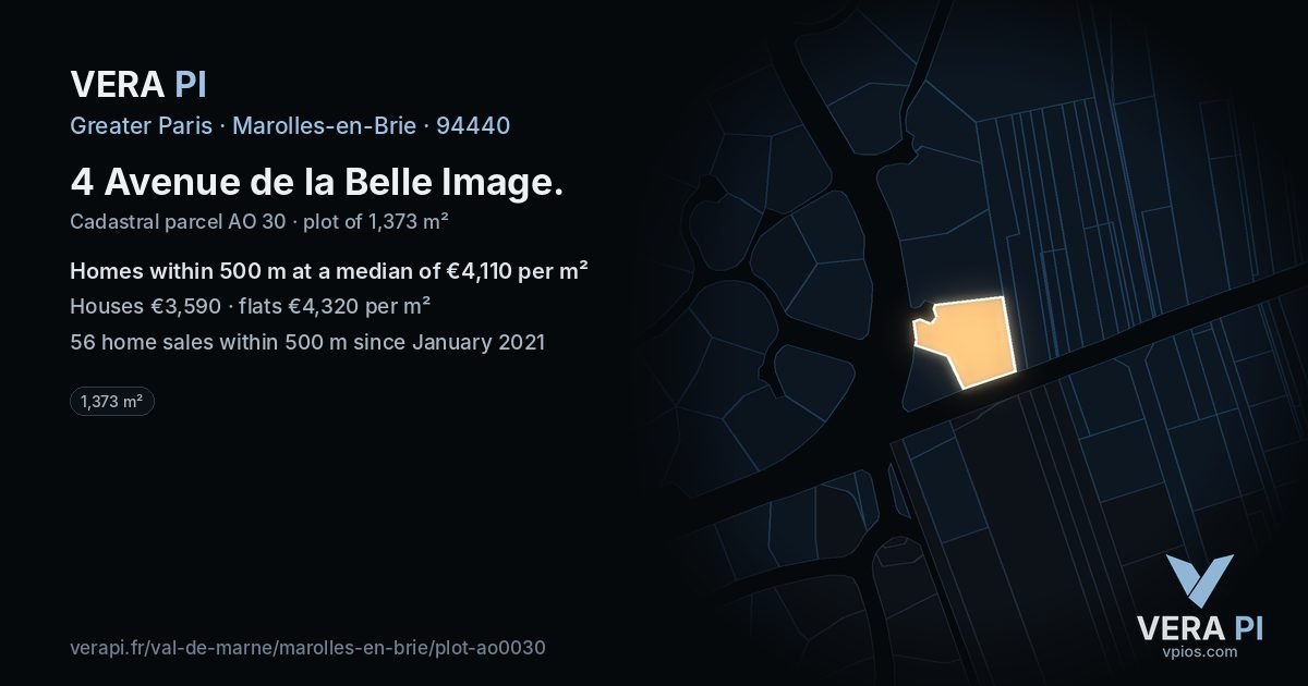 4 Avenue de la Belle Image, Marolles-en-Brie at night – the plot lit, the parcels around coloured by the prices near them