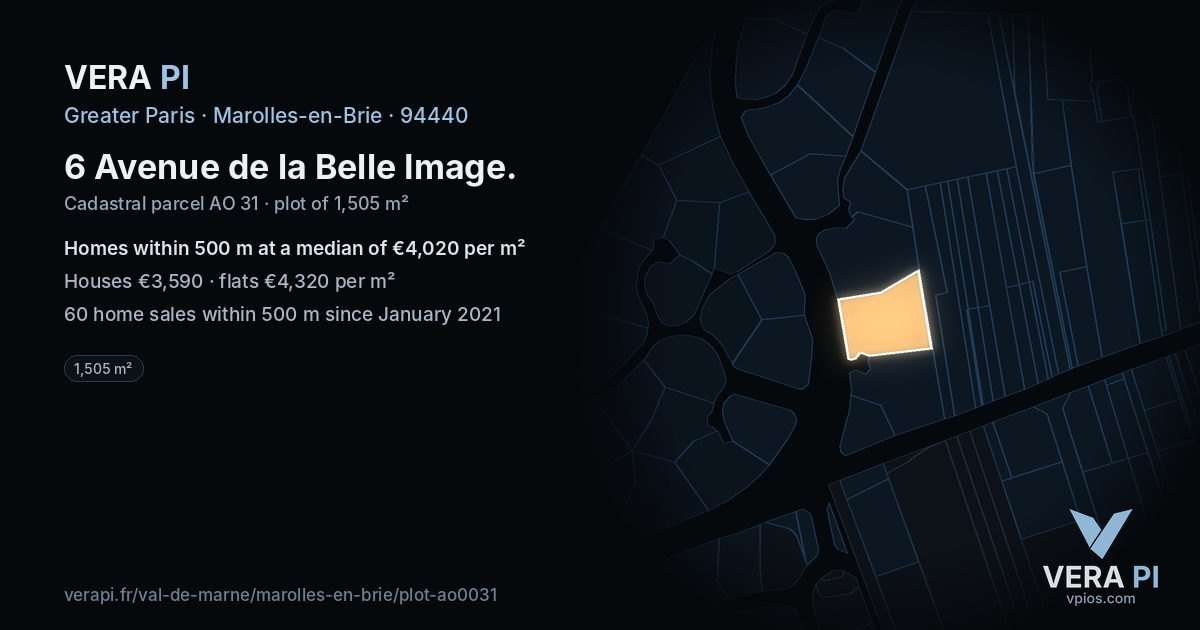 6 Avenue de la Belle Image, Marolles-en-Brie at night – the plot lit, the parcels around coloured by the prices near them