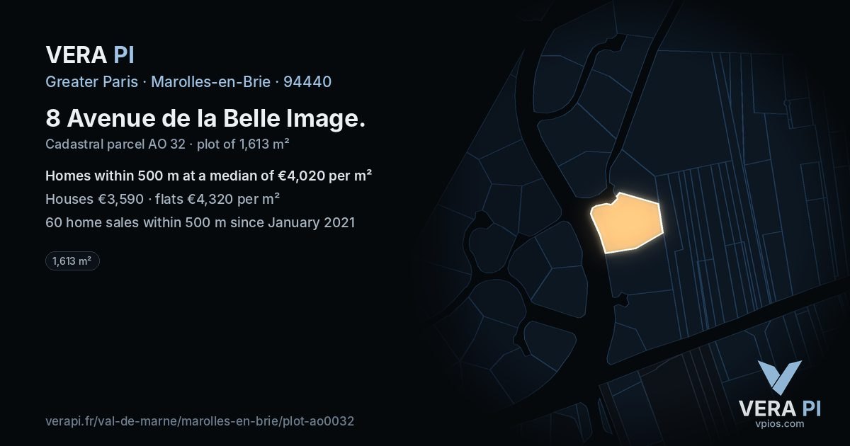 8 Avenue de la Belle Image, Marolles-en-Brie at night – the plot lit, the parcels around coloured by the prices near them