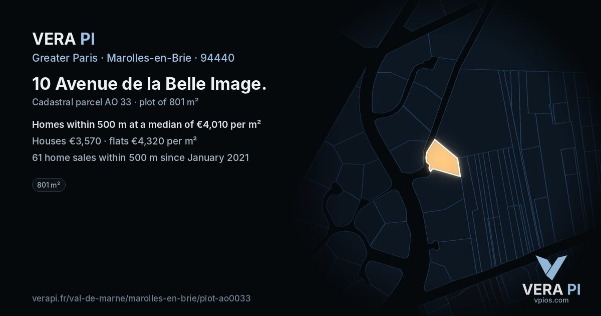 10 Avenue de la Belle Image, Marolles-en-Brie at night – the plot lit, the parcels around coloured by the prices near them