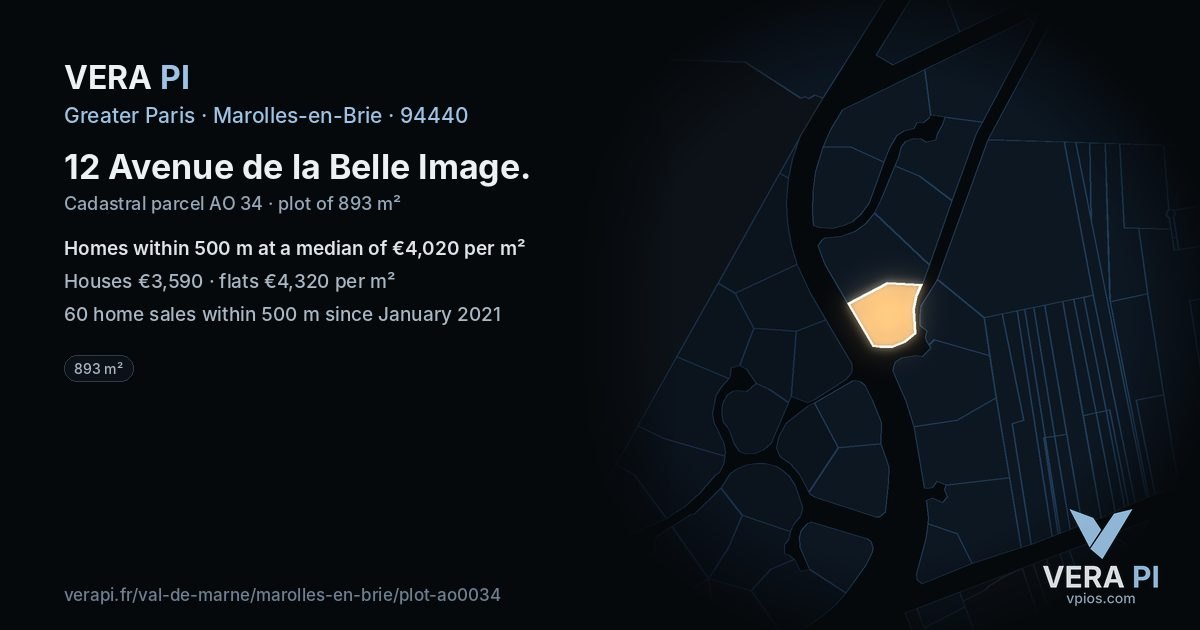 12 Avenue de la Belle Image, Marolles-en-Brie at night – the plot lit, the parcels around coloured by the prices near them