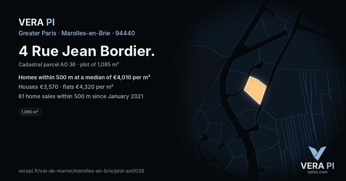 4 Rue Jean Bordier, Marolles-en-Brie at night – the plot lit, the parcels around coloured by the prices near them