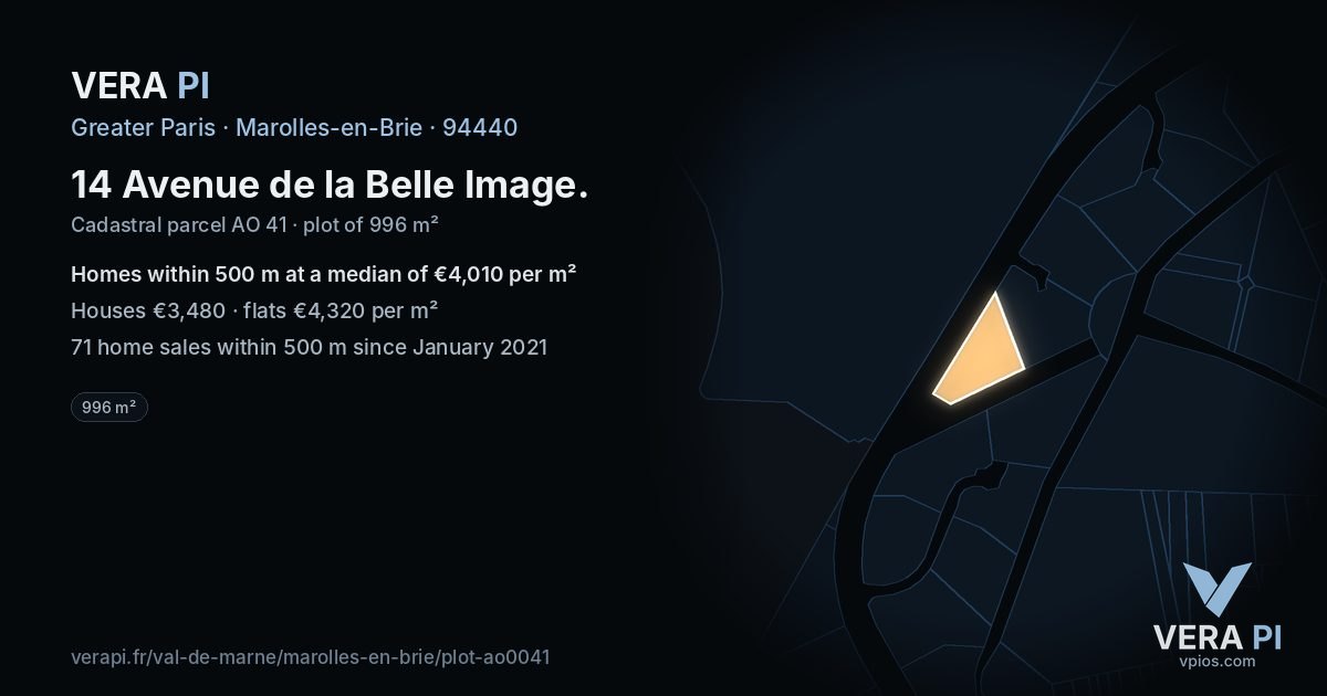 14 Avenue de la Belle Image, Marolles-en-Brie at night – the plot lit, the parcels around coloured by the prices near them