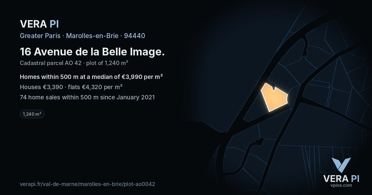 16 Avenue de la Belle Image, Marolles-en-Brie at night – the plot lit, the parcels around coloured by the prices near them