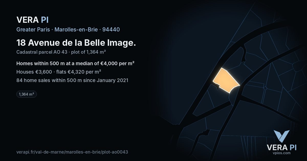18 Avenue de la Belle Image, Marolles-en-Brie at night – the plot lit, the parcels around coloured by the prices near them