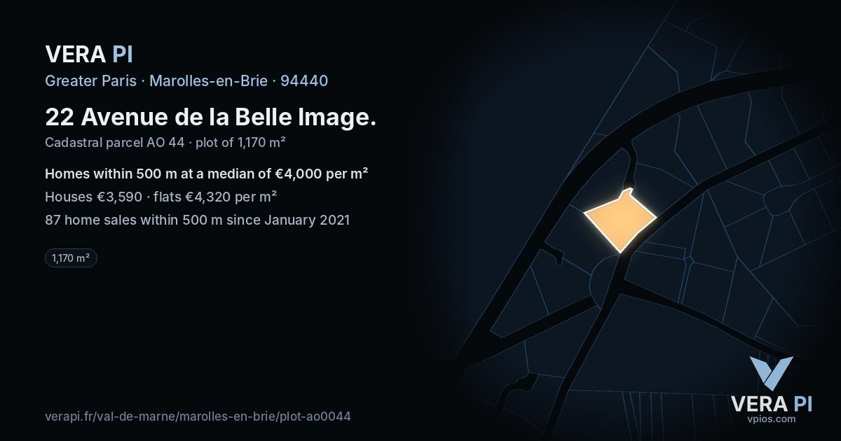 22 Avenue de la Belle Image, Marolles-en-Brie at night – the plot lit, the parcels around coloured by the prices near them