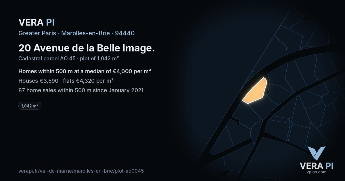 20 Avenue de la Belle Image, Marolles-en-Brie at night – the plot lit, the parcels around coloured by the prices near them