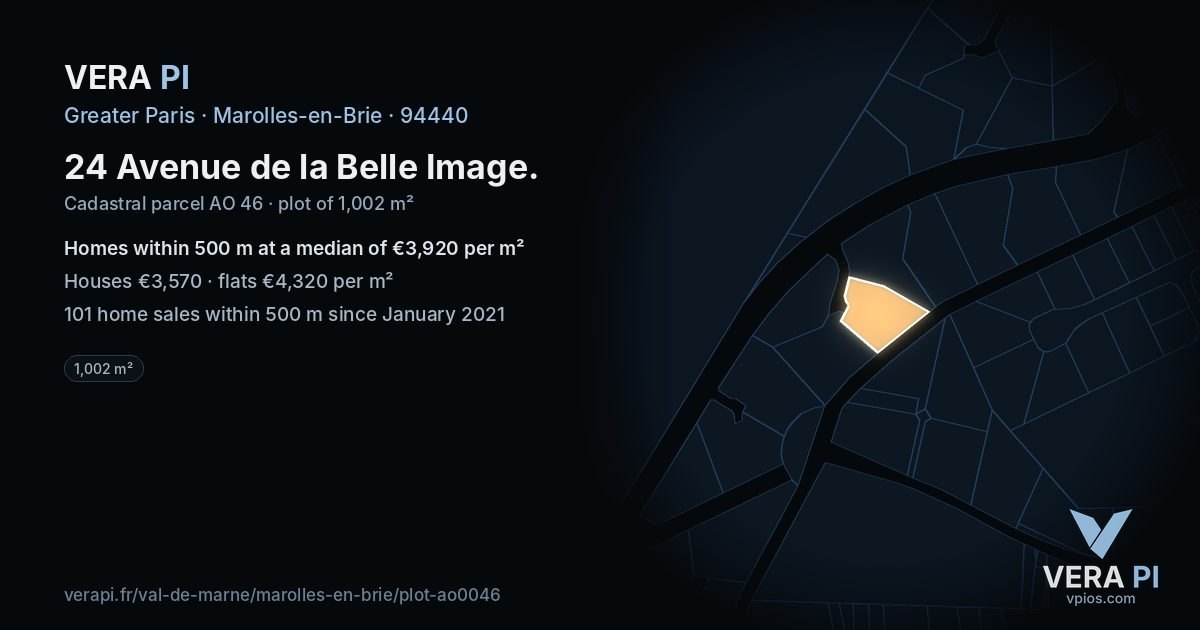 24 Avenue de la Belle Image, Marolles-en-Brie at night – the plot lit, the parcels around coloured by the prices near them