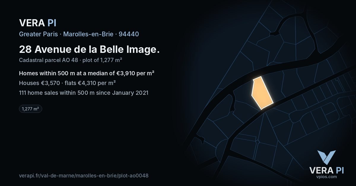 28 Avenue de la Belle Image, Marolles-en-Brie at night – the plot lit, the parcels around coloured by the prices near them
