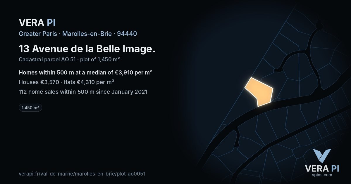 13 Avenue de la Belle Image, Marolles-en-Brie at night – the plot lit, the parcels around coloured by the prices near them