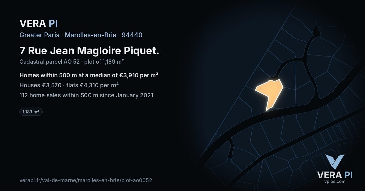 7 Rue Jean Magloire Piquet, Marolles-en-Brie at night – the plot lit, the parcels around coloured by the prices near them