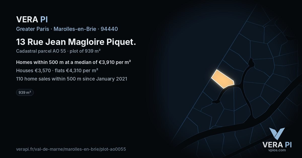 13 Rue Jean Magloire Piquet, Marolles-en-Brie at night – the plot lit, the parcels around coloured by the prices near them